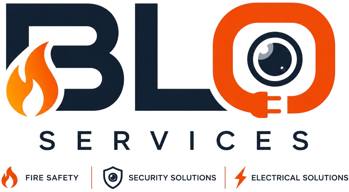 Officieel BLO Services logo voor beveiligingssystemen, brandveiligheid en elektrische oplossingen in België.