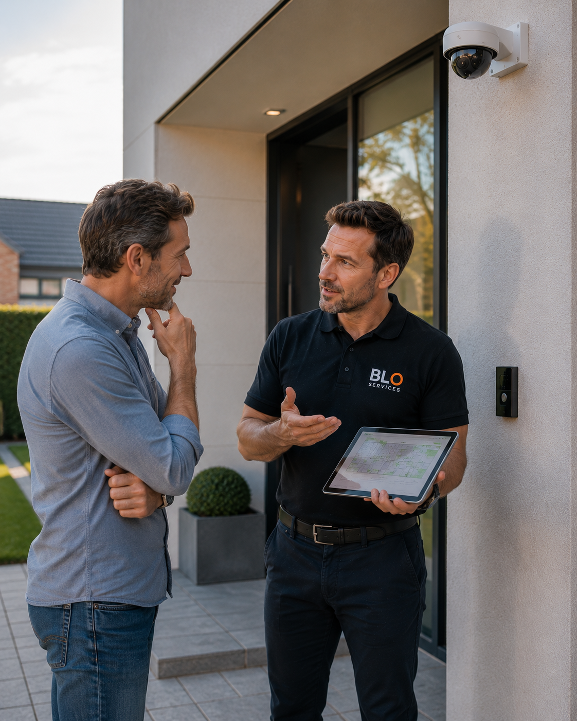 Adviseur van BLO Services geeft uitleg over de Belgische camerawet aan een huiseigenaar.