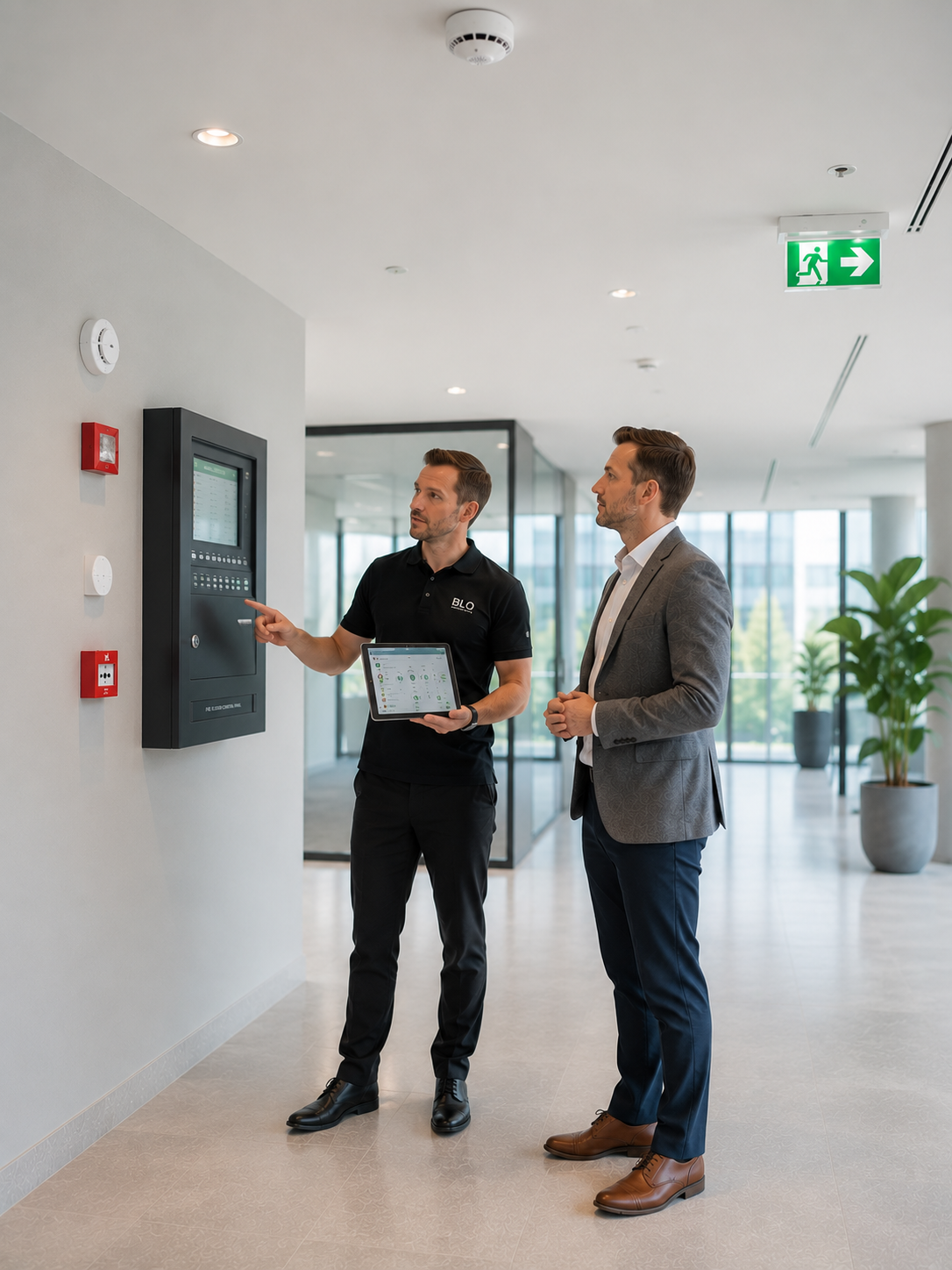 Brandveiligheidsadviseur van BLO Services beantwoordt vragen over een branddetectiesysteem aan een ondernemer.