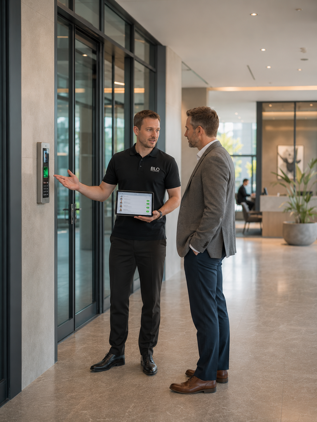 Beveiligingsadviseur van BLO Services beantwoordt vragen over slimme toegangscontrole aan een ondernemer.