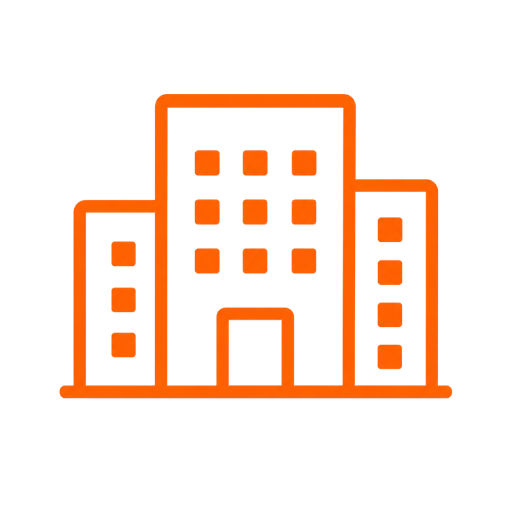 Oranje gebouwicoon dat de bedrijfsgegevens van BLO Services vertegenwoordigt.