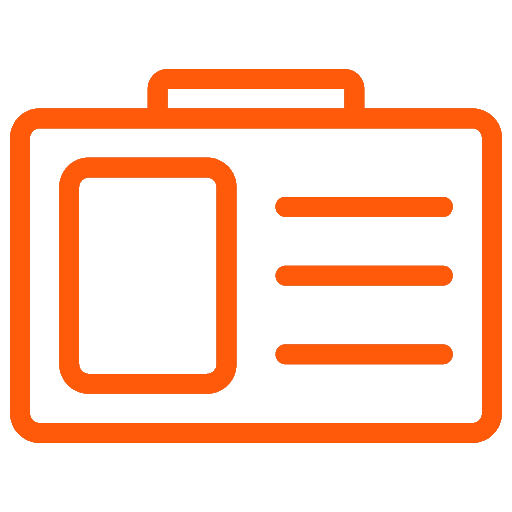 Oranje pictogram van een toegangsbadge voor professionele toegangscontrole en identificatiesystemen.