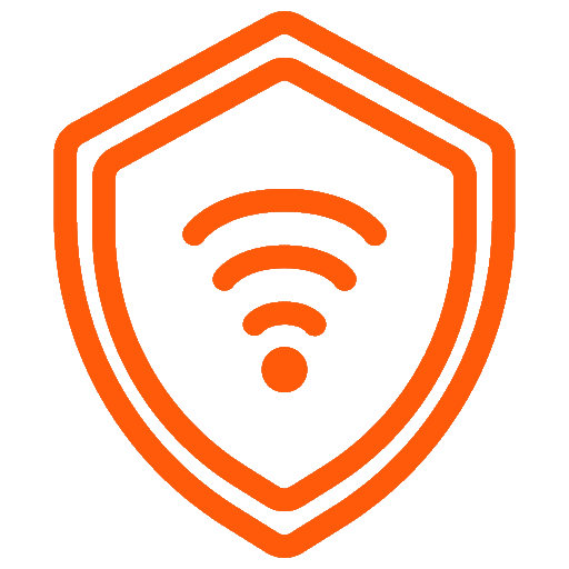 Oranje pictogram van een beveiligingsschild met draadloos camerasurveillancesysteem voor professionele camerabewaking.