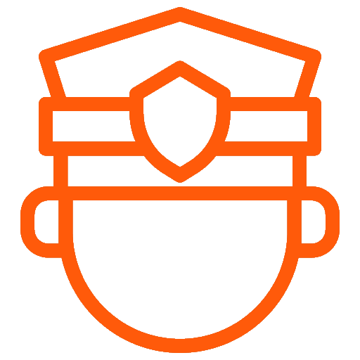 Oranje pictogram van een beveiligingsvest met schild als symbool voor professionele inbraakbeveiliging en eigendomsbescherming.