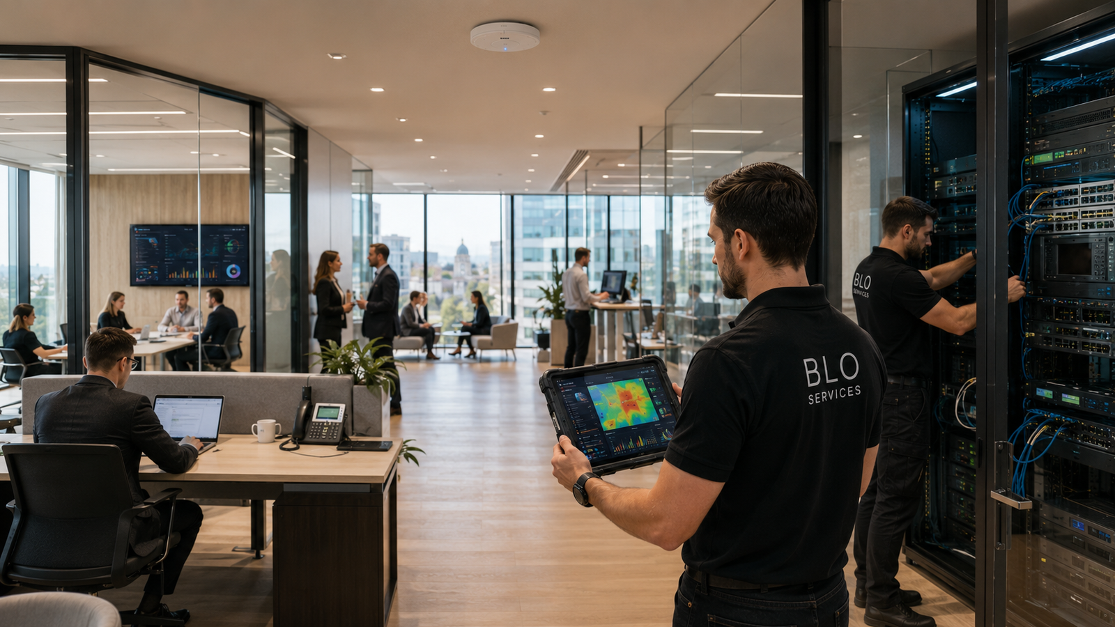 BLO Services voert een professionele WiFi 7-site survey uit in een modern Belgisch hoofdkantoor.