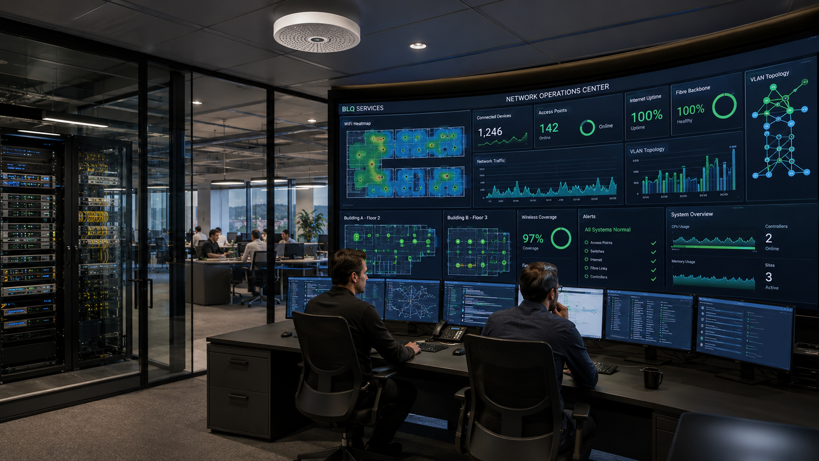 Modern netwerkbeheercentrum met enterprise WiFi-monitoring in Luik.
