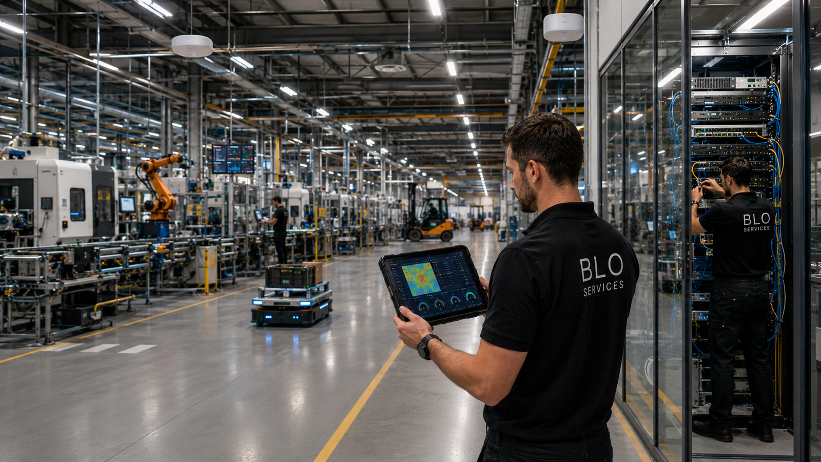 BLO Services voert een industriële WiFi-site survey uit in een modern Belgisch productiebedrijf.