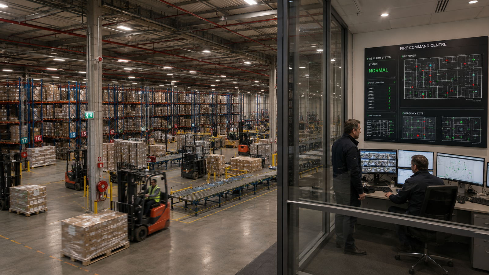 Projectoverdracht van een professioneel branddetectiesysteem in een logistiek magazijn in Gent.