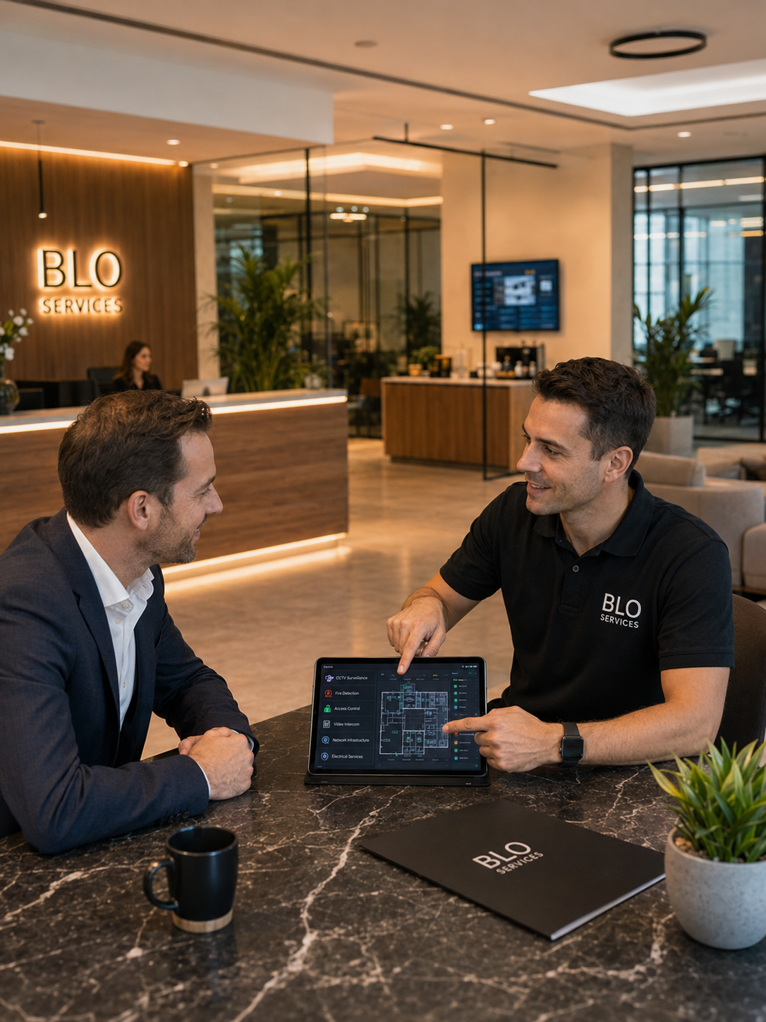 Persoonlijk beveiligingsadvies tussen BLO Services en een zakelijke klant in een modern Belgisch kantoor.