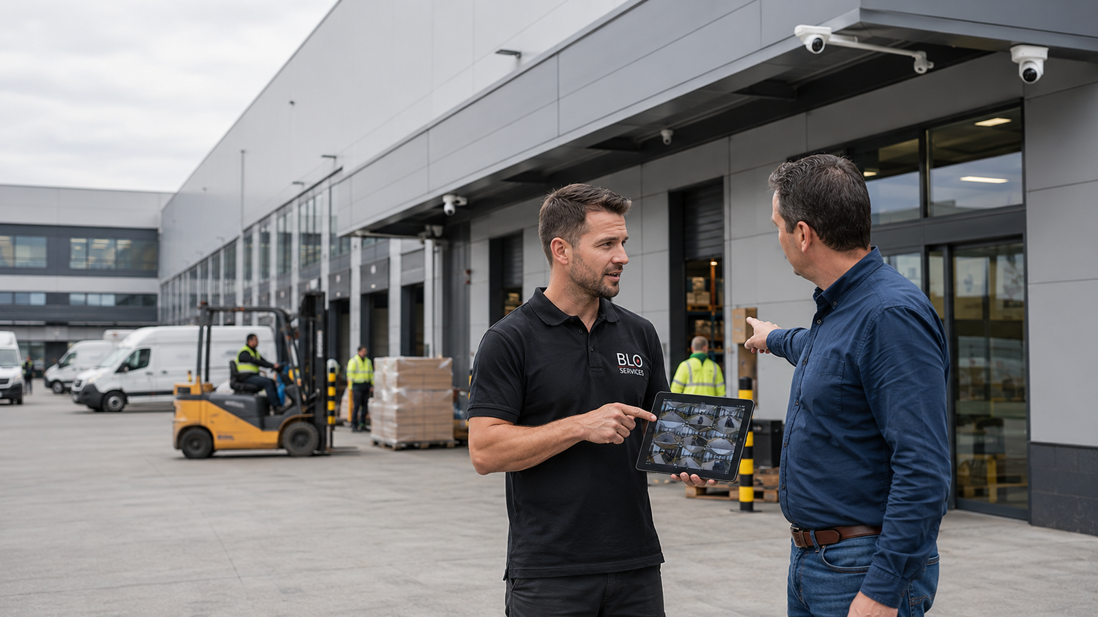 BLO Services adviseert een logistiek bedrijf over professionele camerabewaking in een modern Belgisch distributiecentrum.
