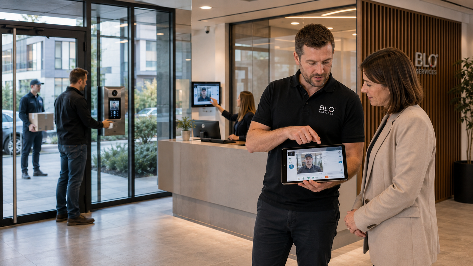 BLO Services demonstreert professionele IP videofonie in een modern Belgisch kantoorgebouw.